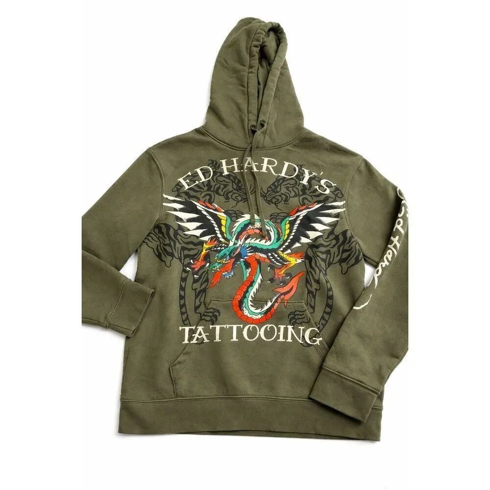 Ed Hardy Dragon Tiger Tattoing Sweatshirt Hoodie Green Men's Size Medium